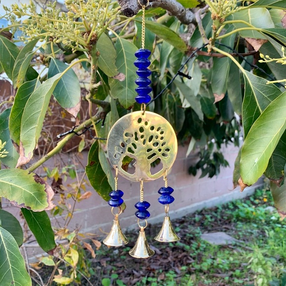 Cobalt Blue Tree of Life Small Wind Chime Sun Catcher Glass Beads & Brass Bells - Picture 2 of 10